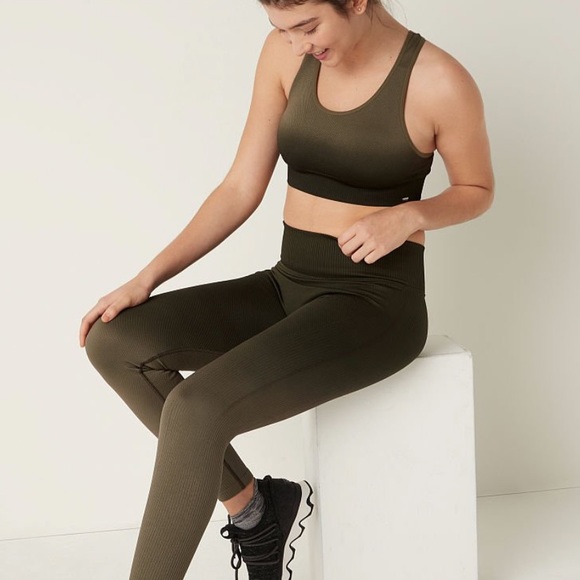 PINK SEAMLESS HIGH WAIST FULL LENGTH TEXTURED RIB TIGHT Vintage Green SZ L - Picture 3 of 5